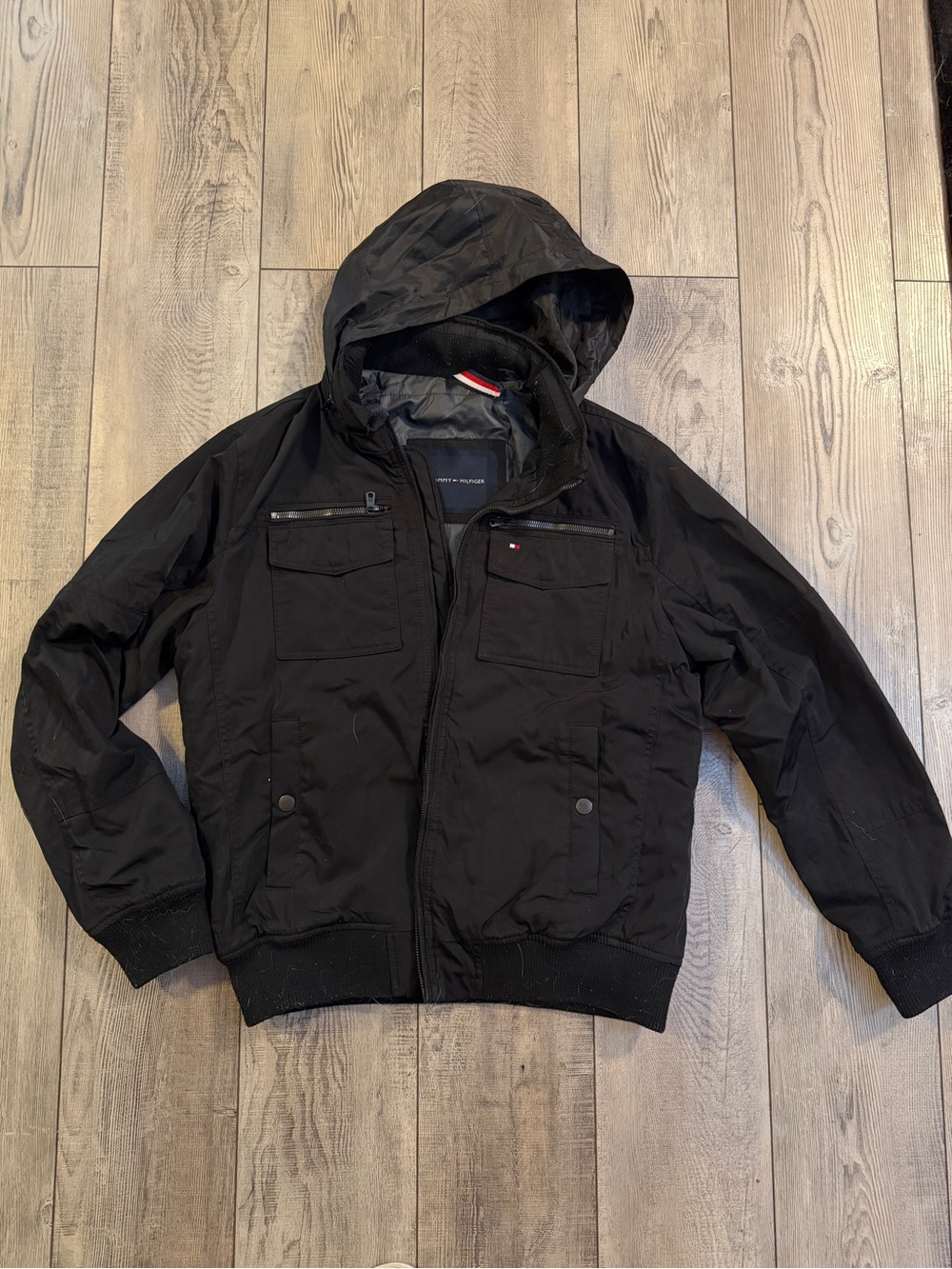 Tommy Hilfiger Black Hooded Bomber Jacket with Chest Pockets